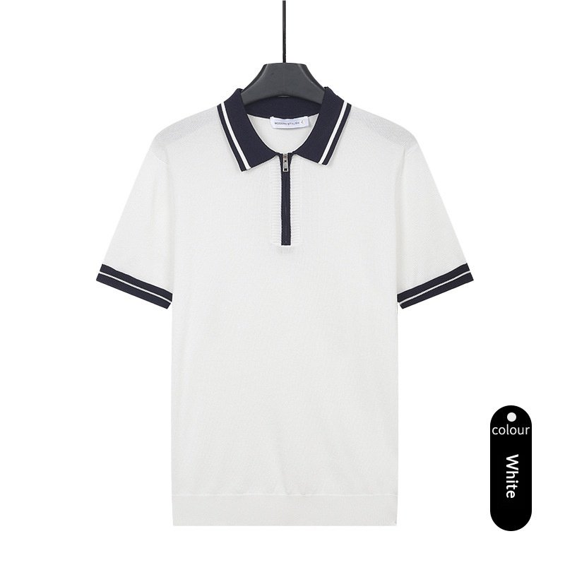 Mens Contrasting-Color Zip-Neck Knitted Short-Sleeve T-Shirt