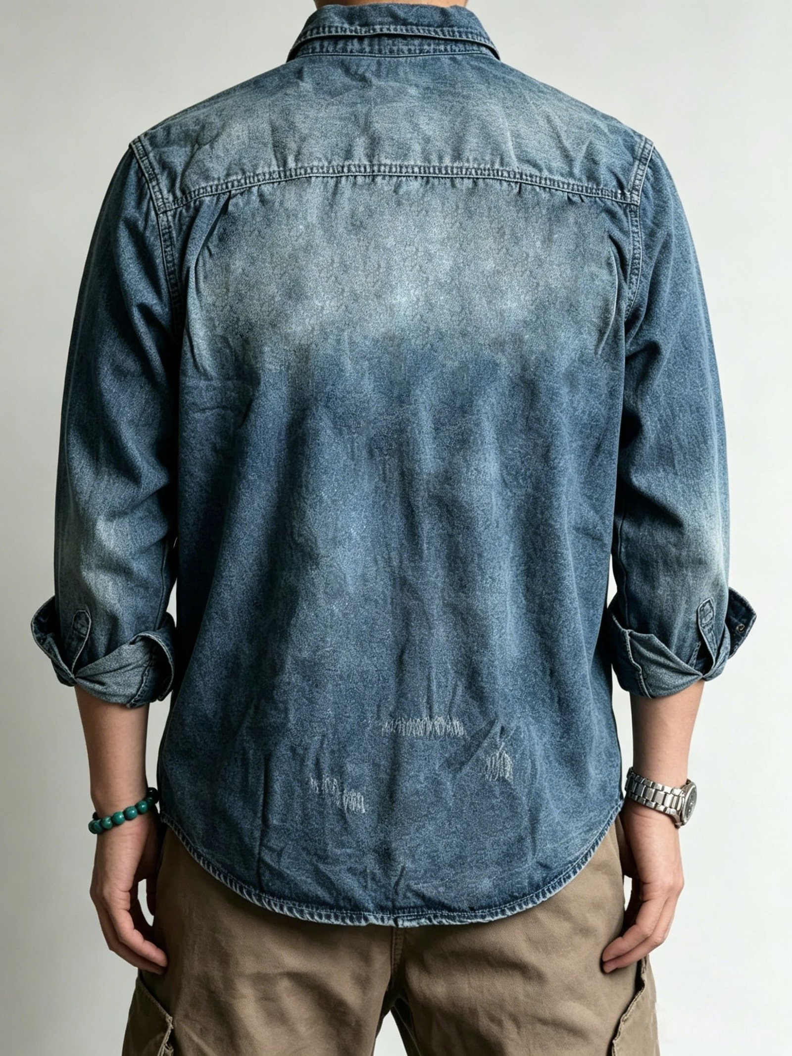 Vintage Western Denim Shirt Men Distressed Long Sleeve Washed Jean Shirt US Warehouse Stock