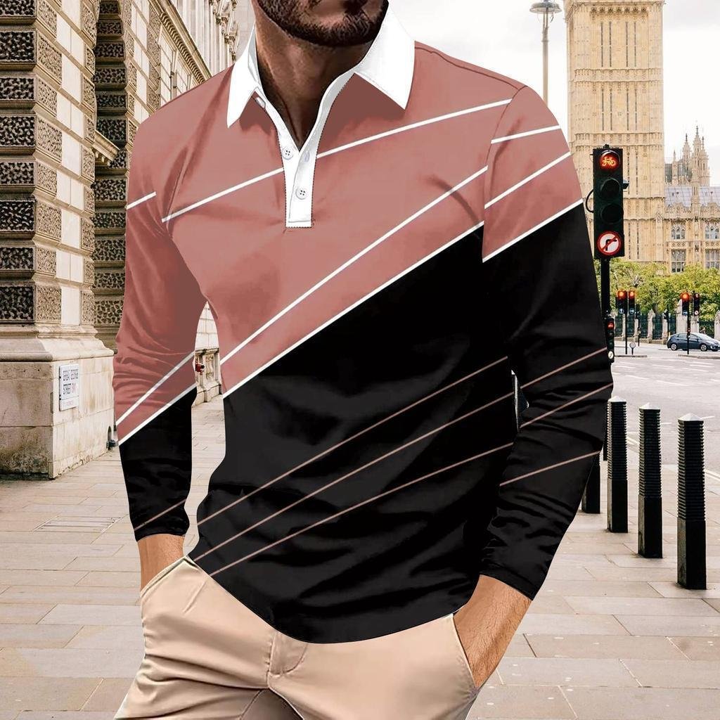 Men's Color-Block Long-Sleeved Button-Up Top