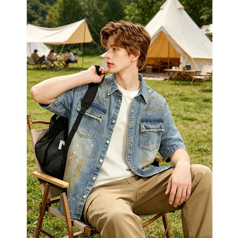 Oversized Denim Shirt Men Vintage Distressed Short Sleeve Streetwear Jean Top Ready To Ship From US