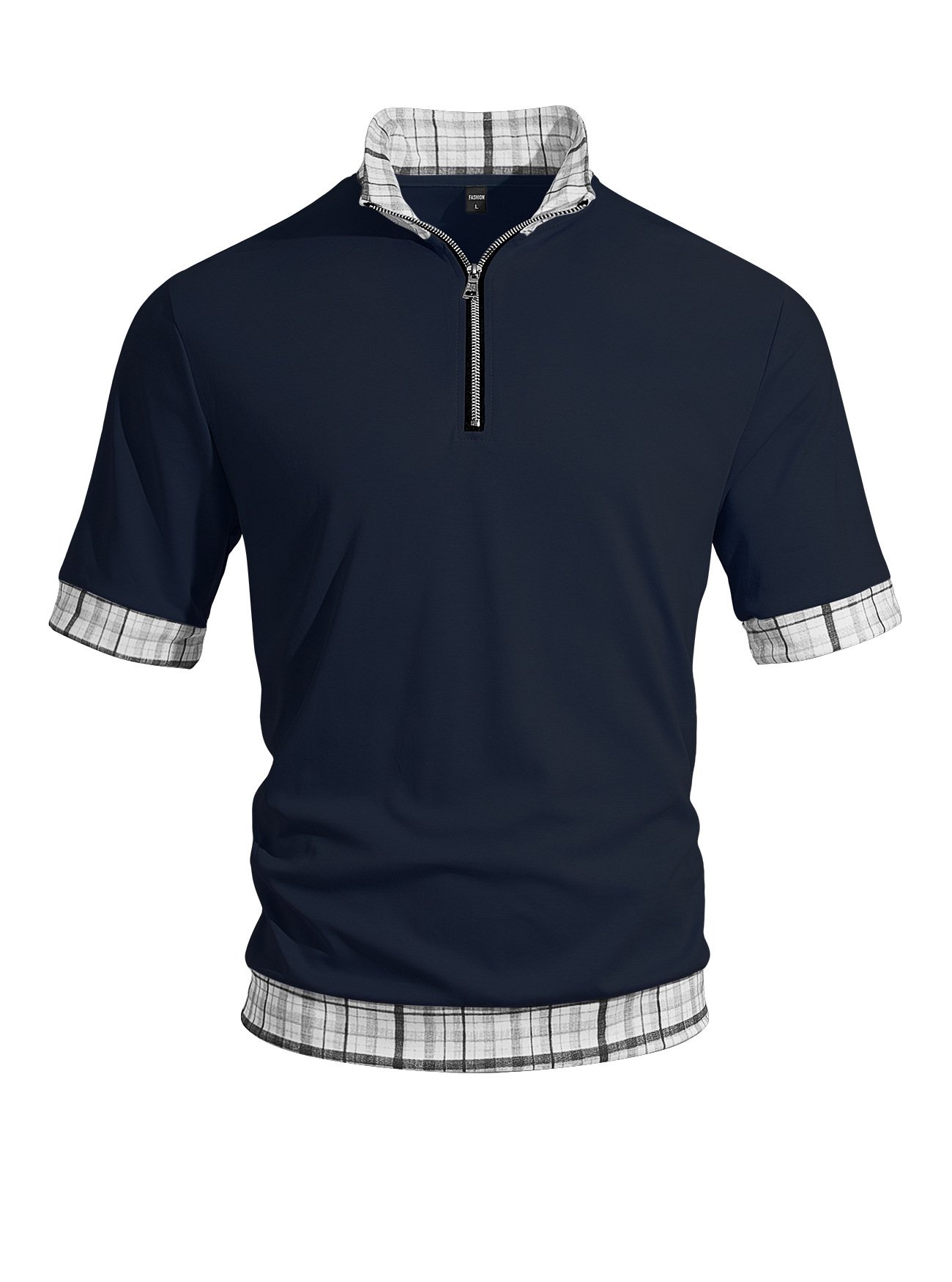 Cross Border EBay Men's Cotton Fake Two Piece T Shirts, Half Zip Lapel Short Sleeve Spliced Breathable Plus Size Casual Polo Shirts