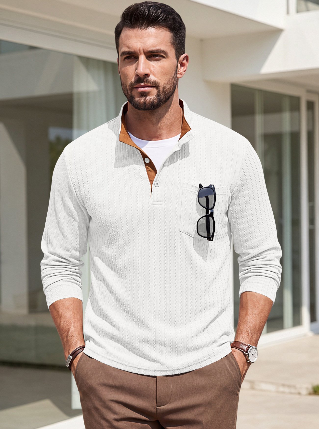 Cross-border Men's Clothing American-style Textured Jacquard Henley Collar Top POLO Shirt Foreign Trade Spring And Autumn Chest Pocket Casual Knitted Sweatshirt