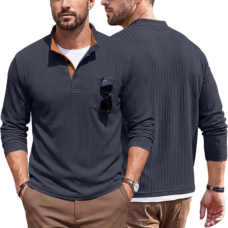 Cross-border Men's Clothing American-style Textured Jacquard Henley Collar Top POLO Shirt Foreign Trade Spring And Autumn Chest Pocket Casual Knitted Sweatshirt