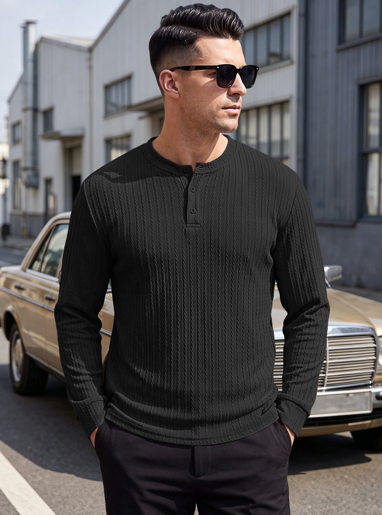 Amazon Cross-border European And American Heavyweight Men's Henry Shirt, Vintage Stretch Textured Casual Loose Plus-size Long-sleeve Sweatshirt