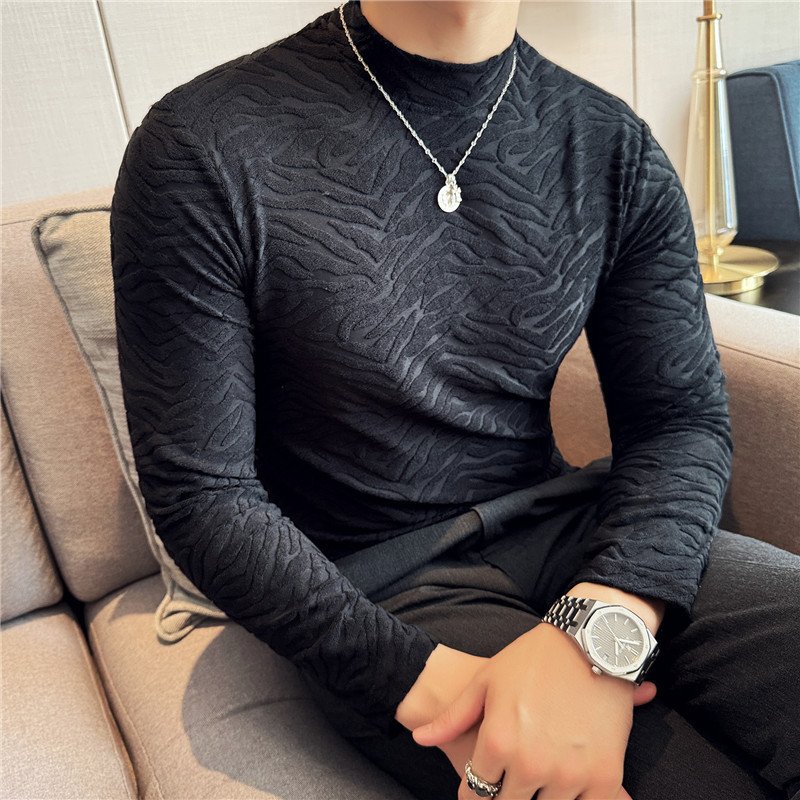 Long-sleeve Striped Stretch Velvet Mock-neck Top