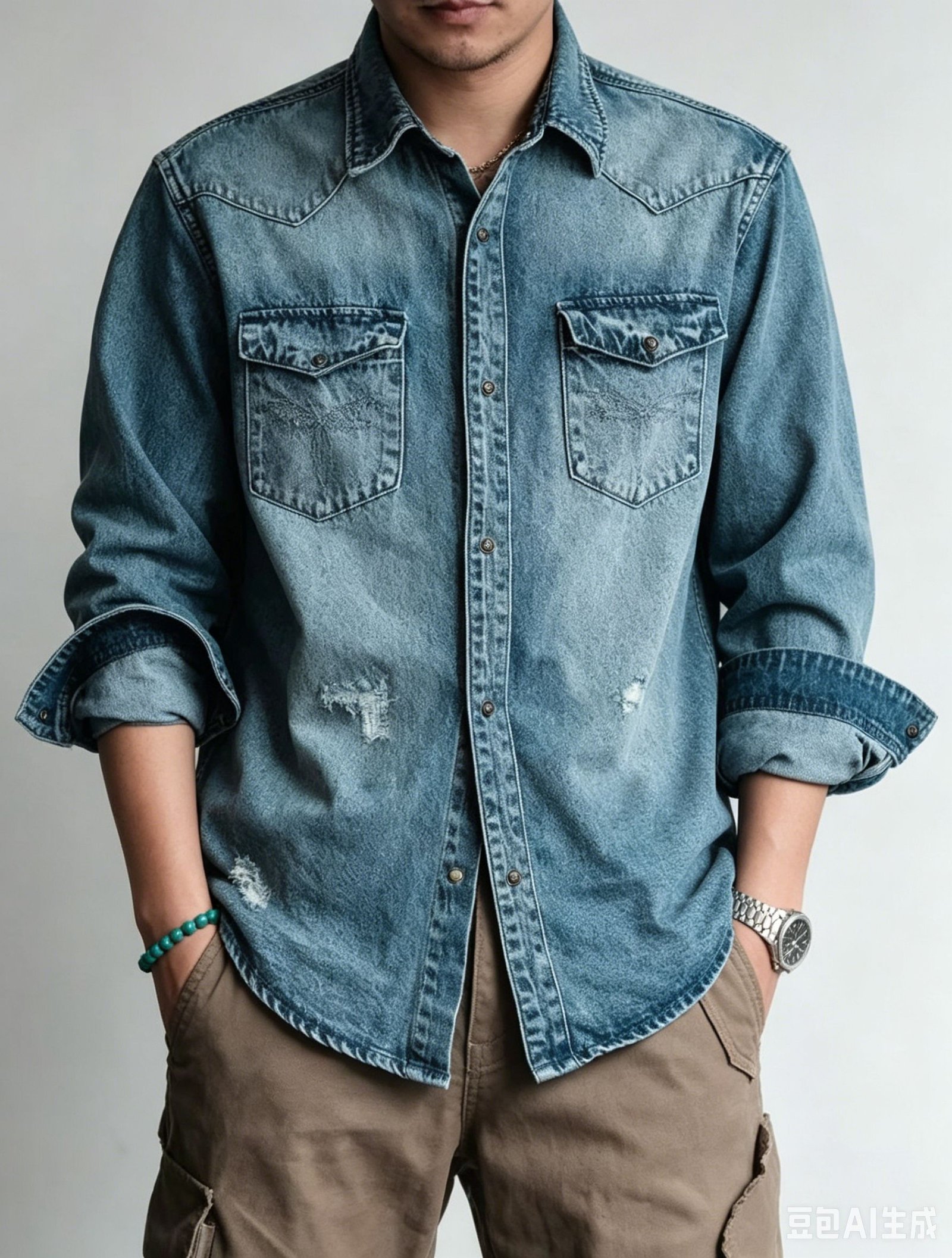 Vintage Western Denim Shirt Men Distressed Long Sleeve Washed Jean Shirt US Warehouse Stock