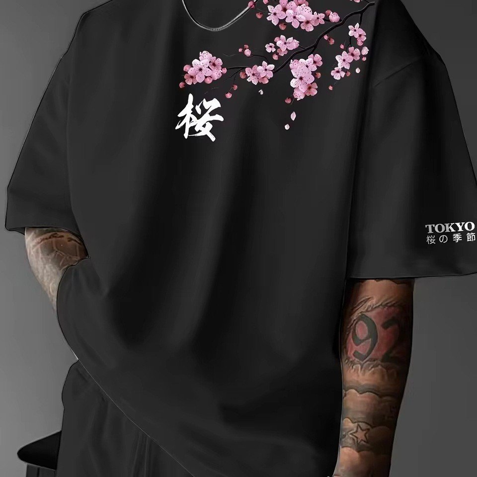Japanese-style Tokyo Cherry-blossom-print Short-sleeve T-shirt