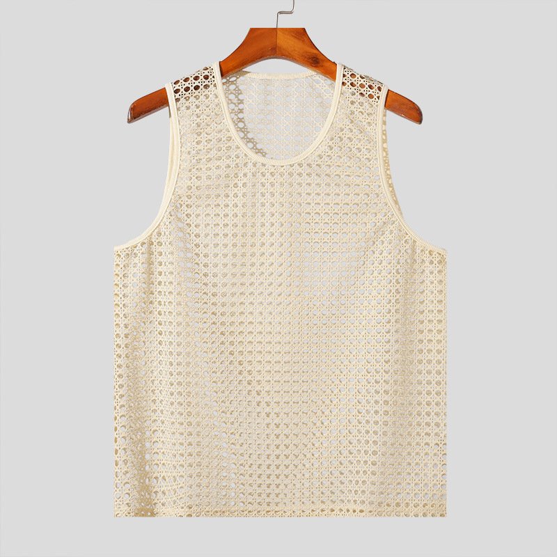 Cross-border Summer European And American Hollow-out Fitness Sleeveless T-shirt Muscle Men's Mesh Perspective Sexy Knitted Vest