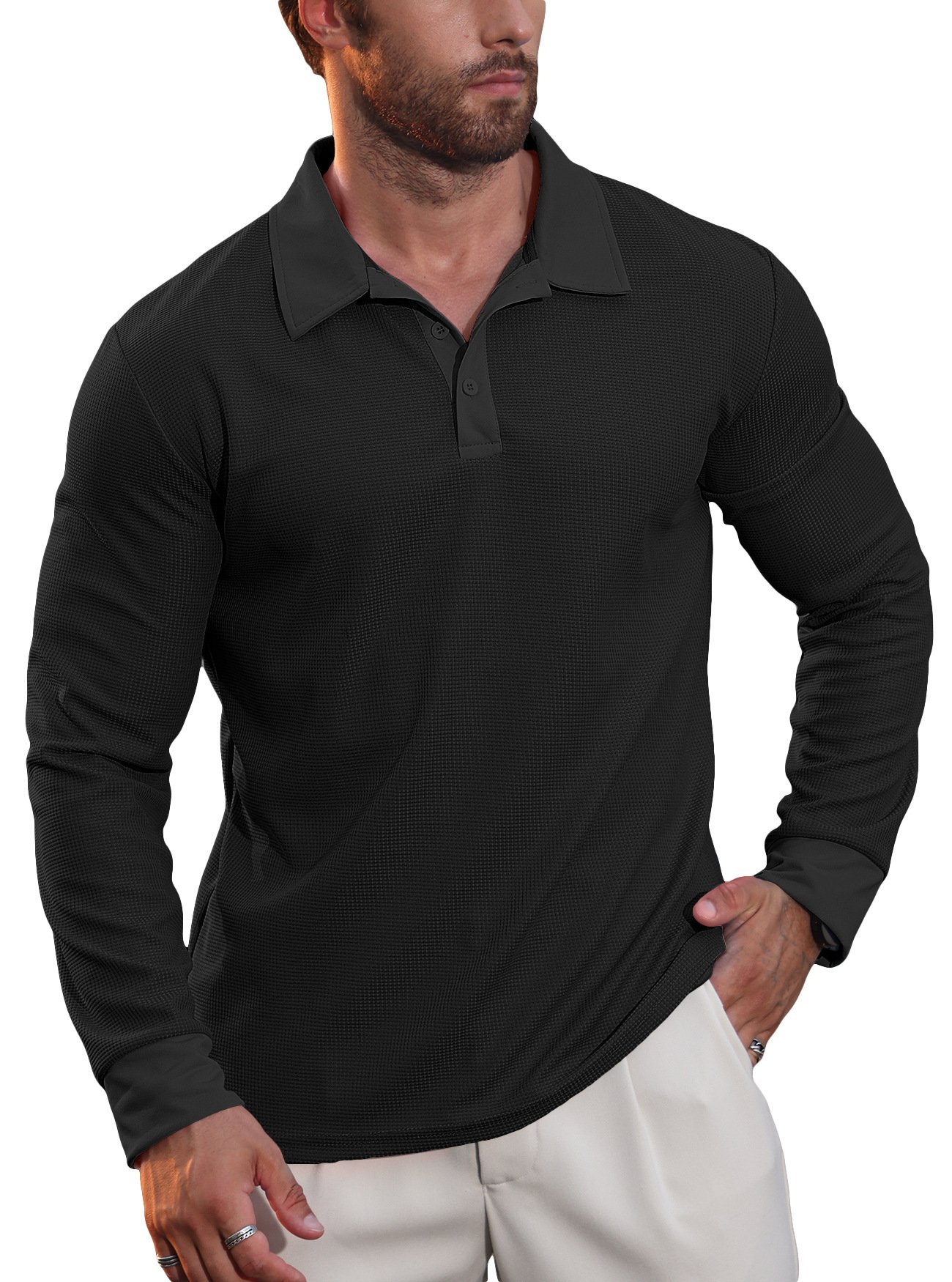 New Cross-Border European And American Autumn New Men's Waffle Collar Polo Shirt American Casual Vacation Long-Sleeved T-Shirt