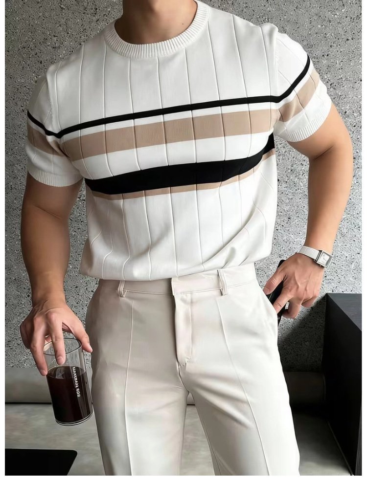 Color-Block Striped Mens Knitted Short-Sleeve Casual Top