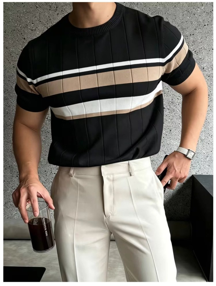 Color-Block Striped Mens Knitted Short-Sleeve Casual Top