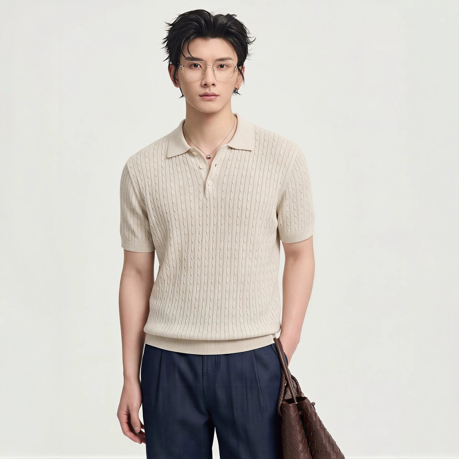 Knitted Cable-Pattern Mens Short-Sleeve T-Shirt