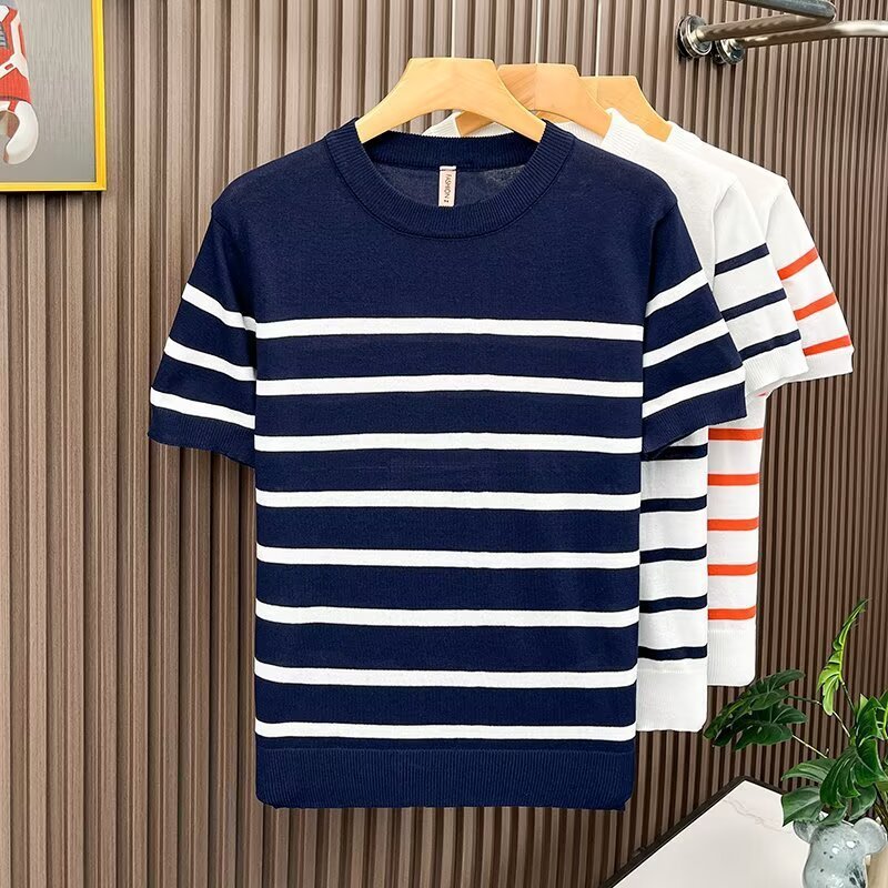 Lightly Mature-Style Crew-Neck Patchwork Striped Short-Sleeve T-Shirt For Men