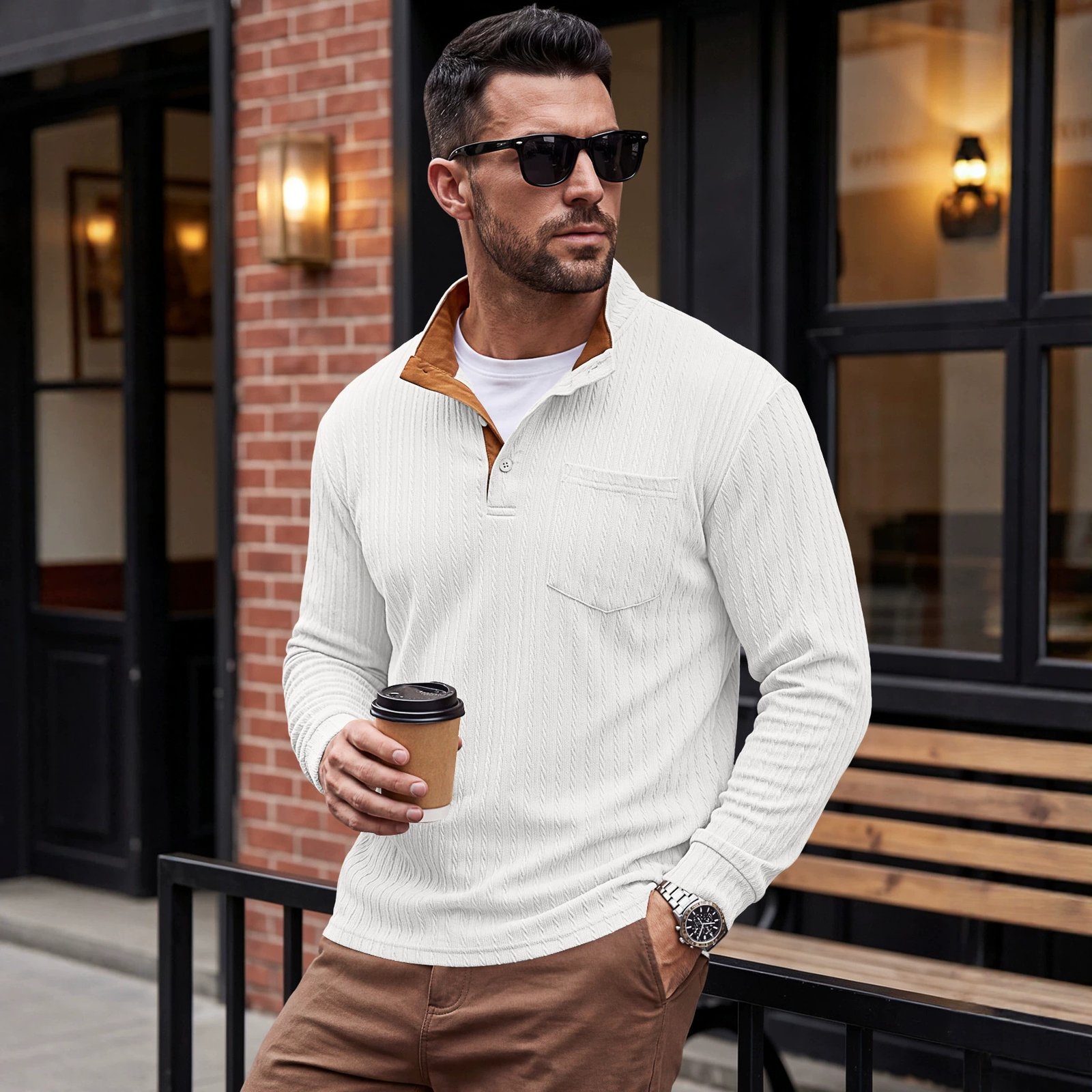 Cross-border Men's Clothing American-style Textured Jacquard Henley Collar Top POLO Shirt Foreign Trade Spring And Autumn Chest Pocket Casual Knitted Sweatshirt