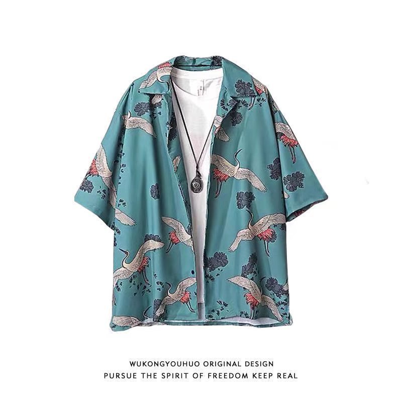Men's Short-sleeve Shirt Summer Chinese-style Trendy Crane-printed Oversized Beach Shirt For Couples