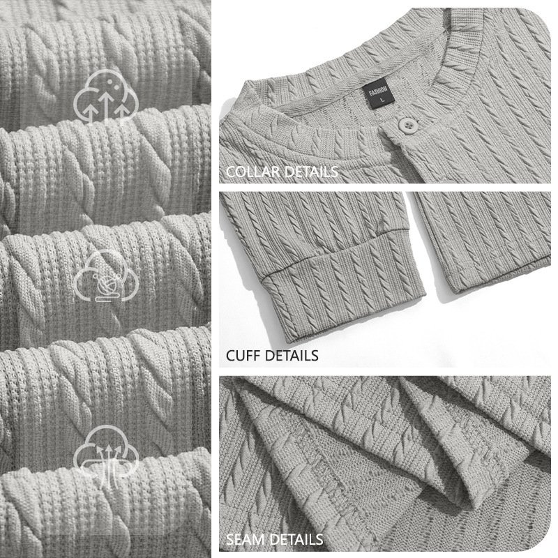 Amazon Cross-border European And American Heavyweight Men's Henry Shirt, Vintage Stretch Textured Casual Loose Plus-size Long-sleeve Sweatshirt