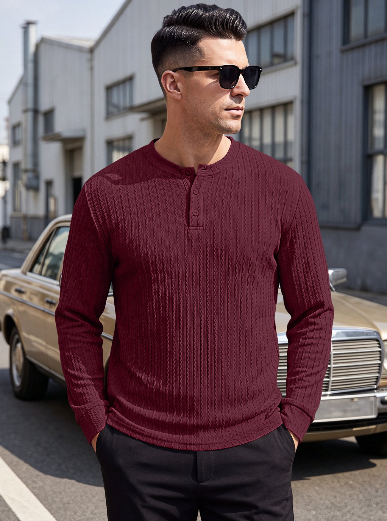 Amazon Cross-border European And American Heavyweight Men's Henry Shirt, Vintage Stretch Textured Casual Loose Plus-size Long-sleeve Sweatshirt