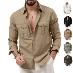 Cross-Border Foreign Trade  Aliexpress New European And American Men's Spring And Autumn Shirts With Multiple Pockets Casual Long-Sleeved Tops