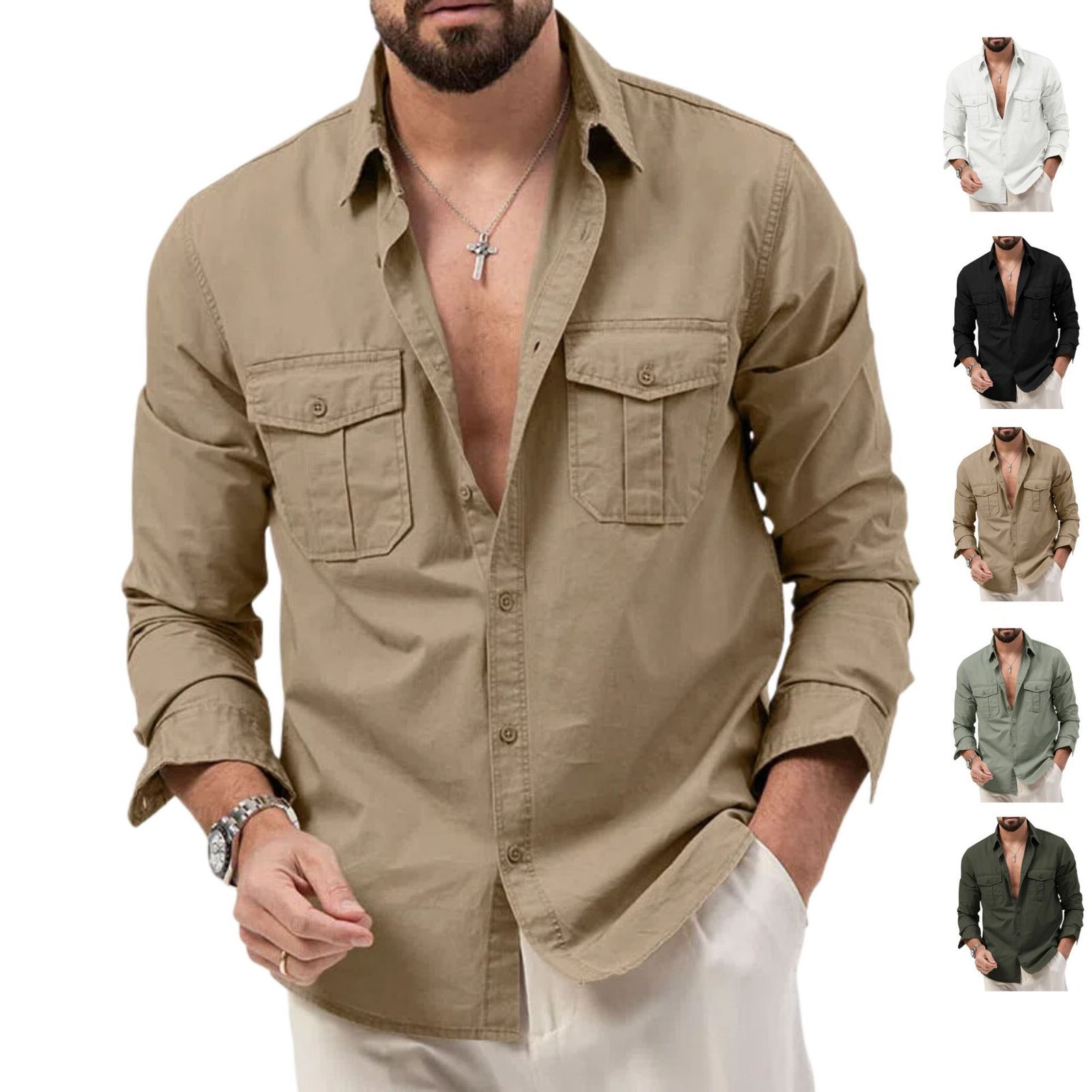 Cross-Border Foreign Trade  Aliexpress New European And American Men's Spring And Autumn Shirts With Multiple Pockets Casual Long-Sleeved Tops