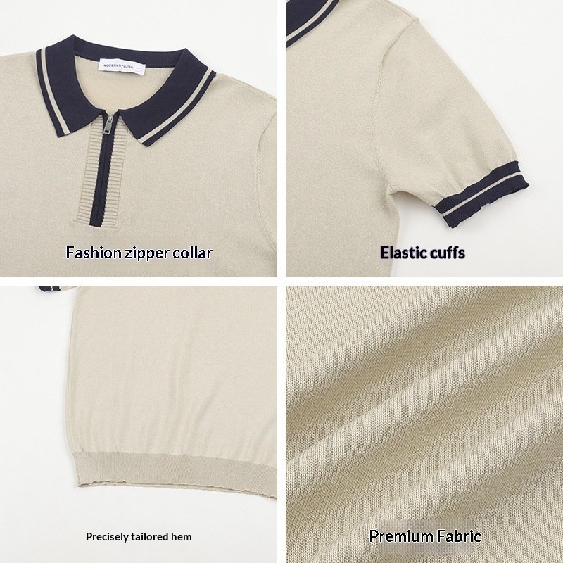 Mens Contrasting-Color Zip-Neck Knitted Short-Sleeve T-Shirt