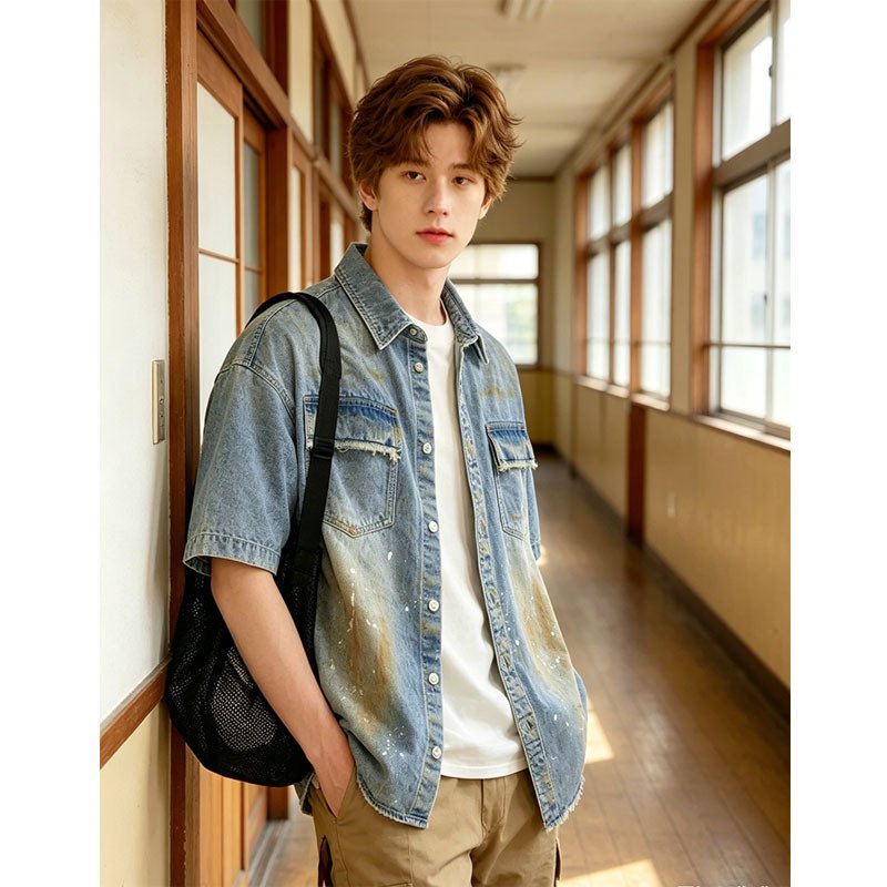 Oversized Denim Shirt Men Vintage Distressed Short Sleeve Streetwear Jean Top Ready To Ship From US