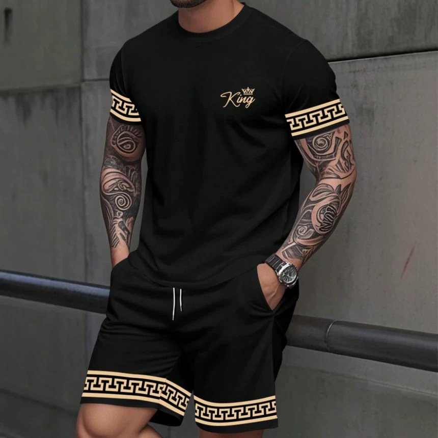 Simple Casual Two-piece Set Featuring A Solid-color Printed T-shirt And Shorts