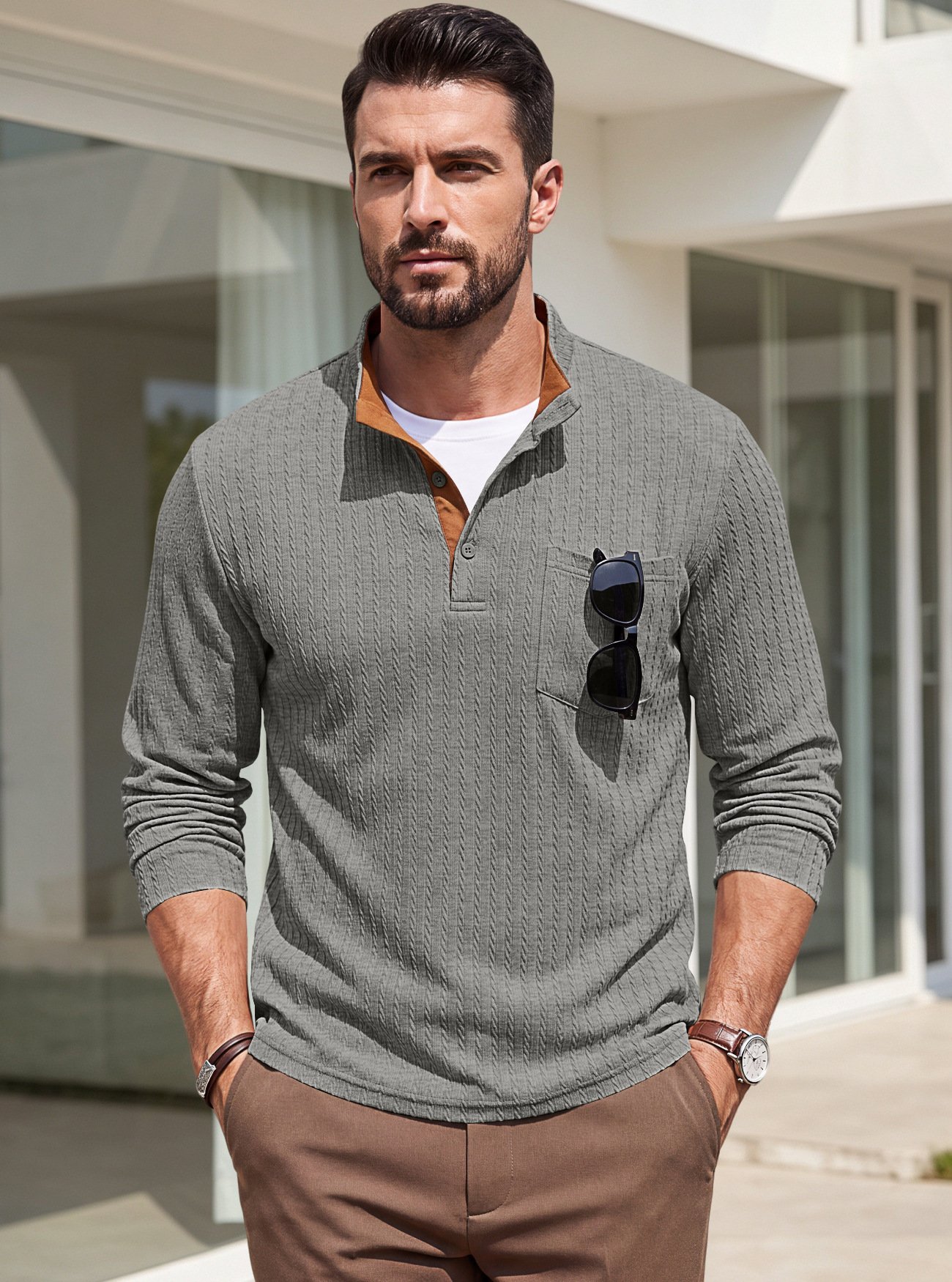 Cross-border Men's Clothing American-style Textured Jacquard Henley Collar Top POLO Shirt Foreign Trade Spring And Autumn Chest Pocket Casual Knitted Sweatshirt
