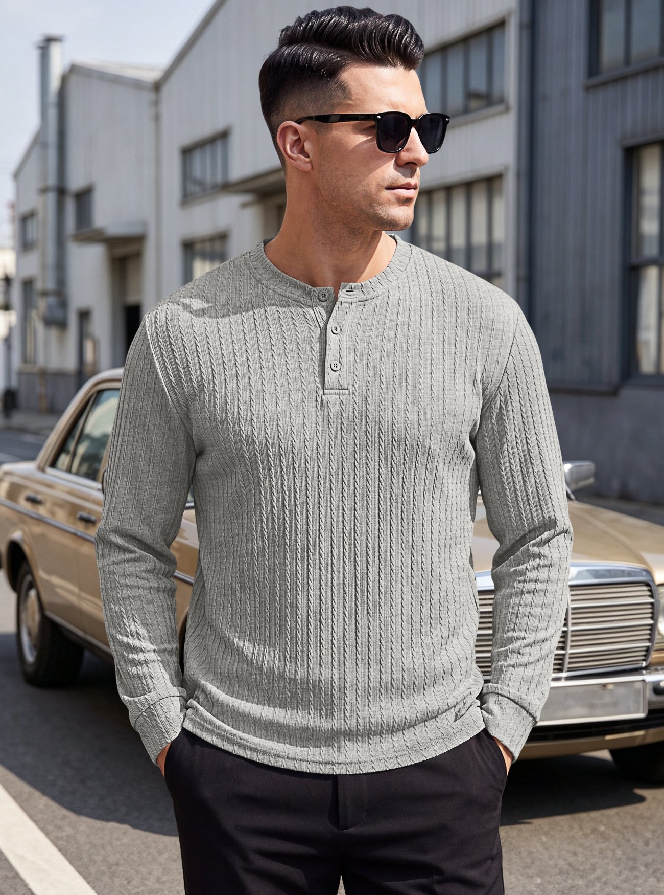 Amazon Cross-border European And American Heavyweight Men's Henry Shirt, Vintage Stretch Textured Casual Loose Plus-size Long-sleeve Sweatshirt