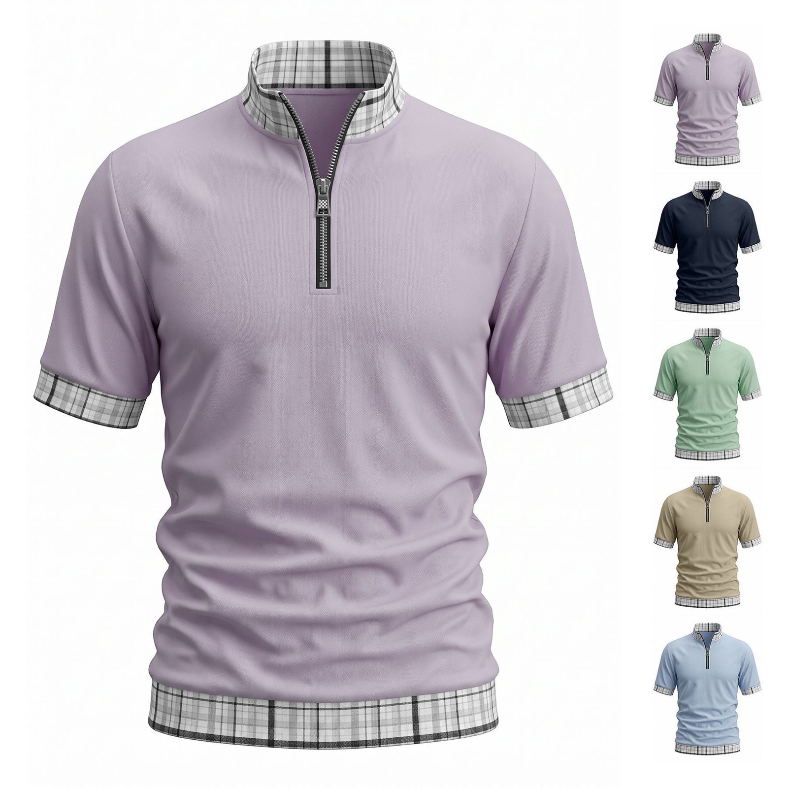 Cross Border EBay Men's Cotton Fake Two Piece T Shirts, Half Zip Lapel Short Sleeve Spliced Breathable Plus Size Casual Polo Shirts