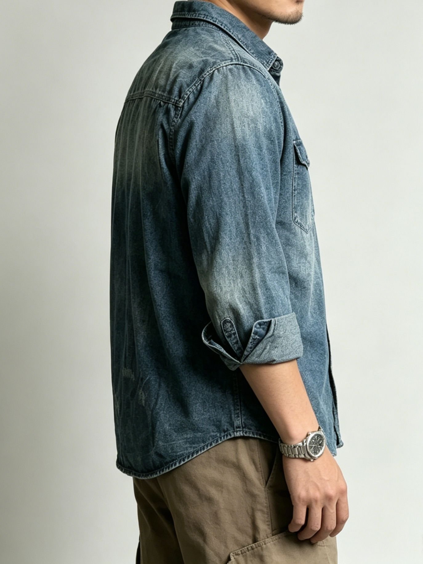 Vintage Western Denim Shirt Men Distressed Long Sleeve Washed Jean Shirt US Warehouse Stock