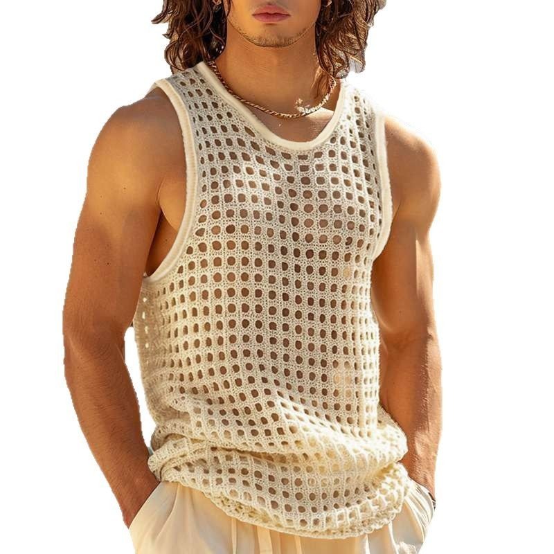 Cross-border Summer European And American Hollow-out Fitness Sleeveless T-shirt Muscle Men's Mesh Perspective Sexy Knitted Vest