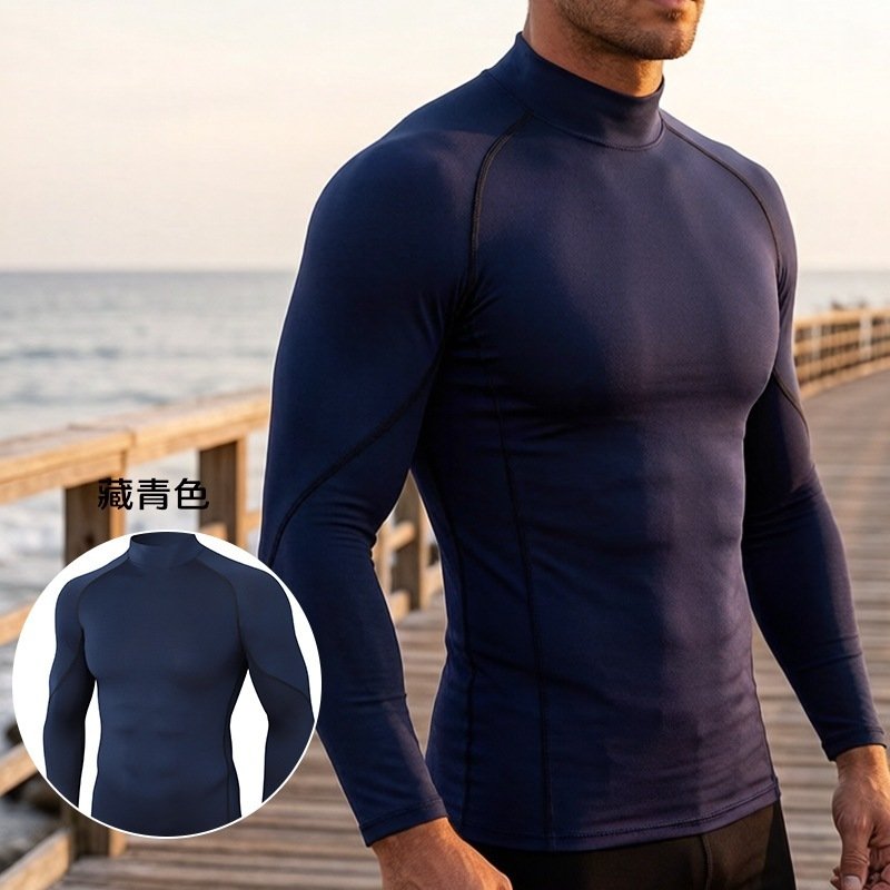 Cross-border Explosions Outdoor Sports Fitness Clothes Men's Running High Collar Long Sleeve Moisture-absorbing Quick-drying Clothes Training Tight Clothes Men