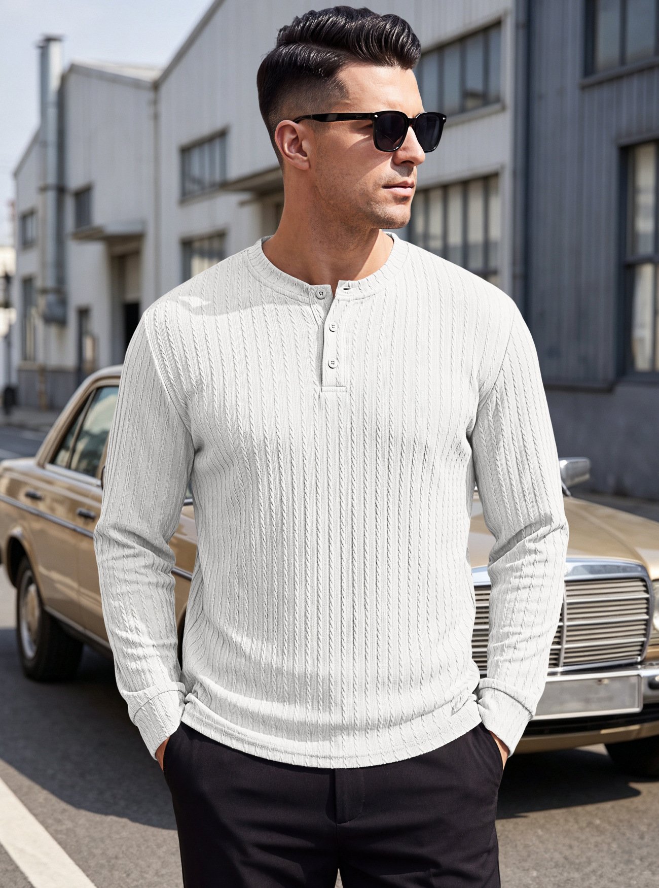 Amazon Cross-border European And American Heavyweight Men's Henry Shirt, Vintage Stretch Textured Casual Loose Plus-size Long-sleeve Sweatshirt