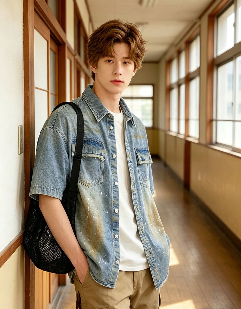 Oversized Denim Shirt Men Vintage Distressed Short Sleeve Streetwear Jean Top Ready To Ship From US