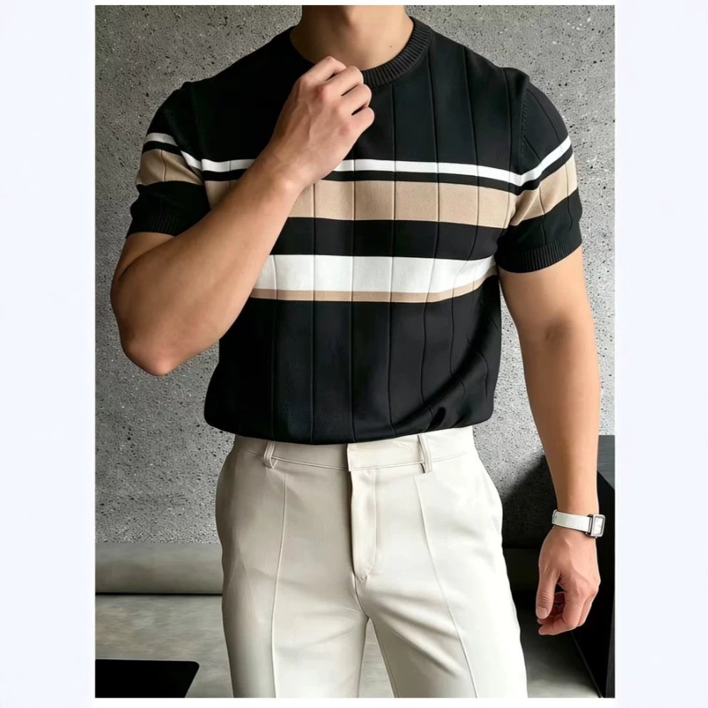 Color-Block Striped Mens Knitted Short-Sleeve Casual Top