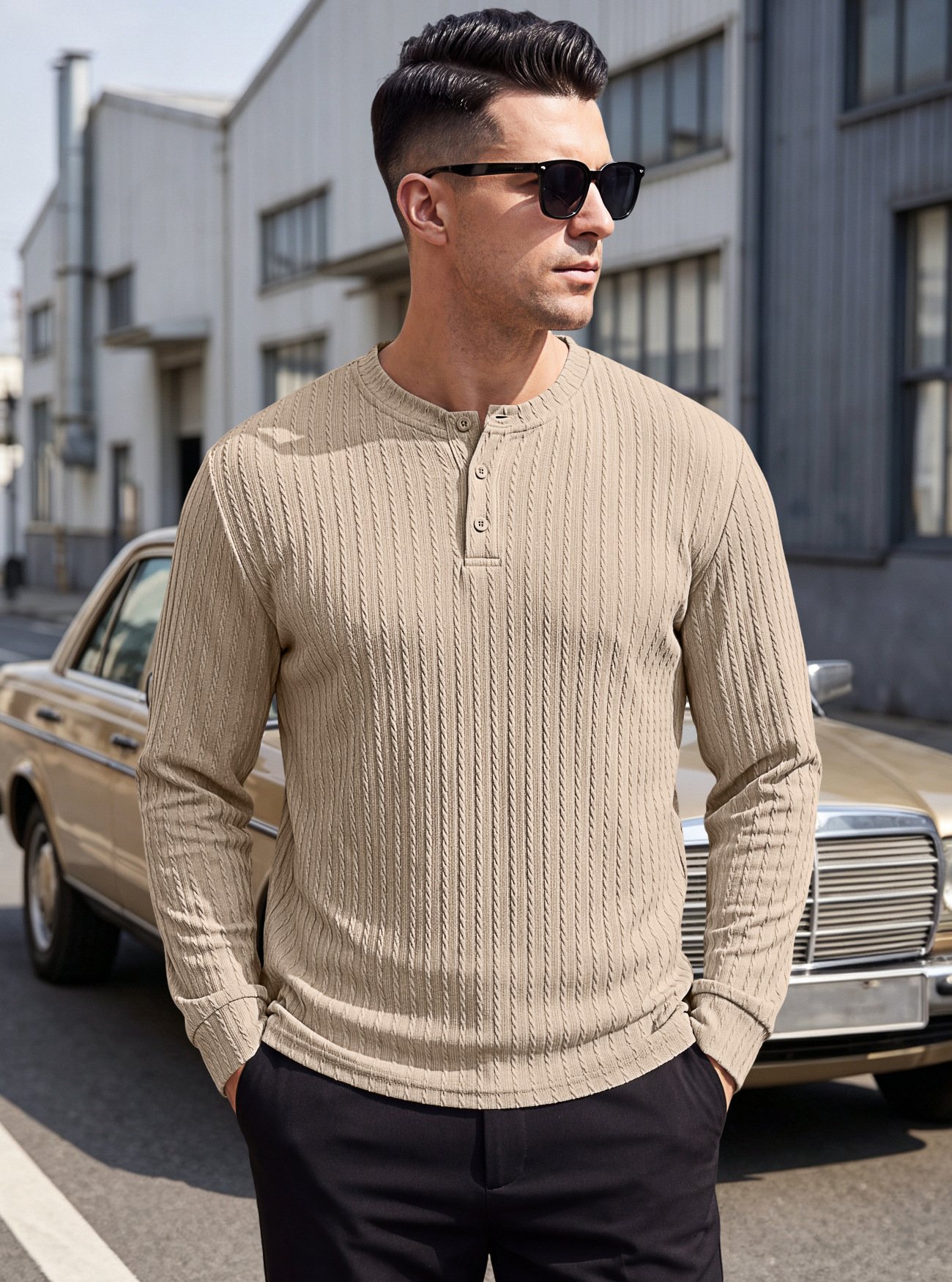 Amazon Cross-border European And American Heavyweight Men's Henry Shirt, Vintage Stretch Textured Casual Loose Plus-size Long-sleeve Sweatshirt