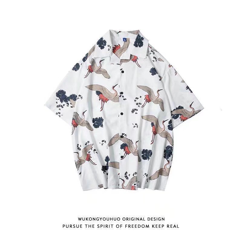 Men's Short-sleeve Shirt Summer Chinese-style Trendy Crane-printed Oversized Beach Shirt For Couples