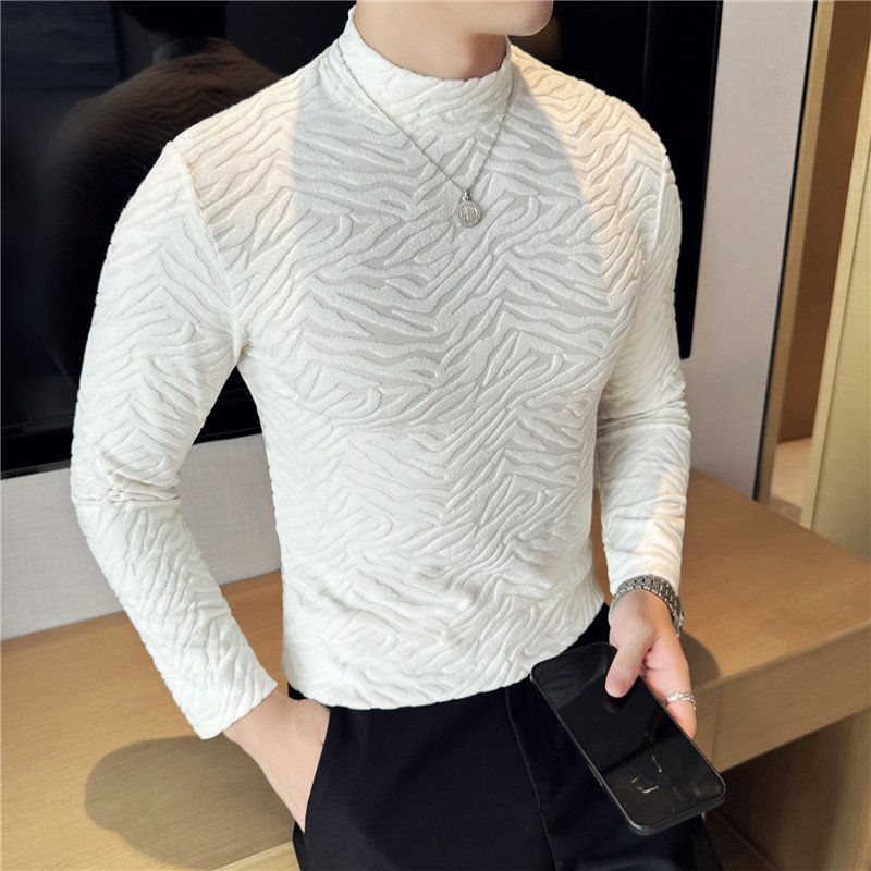 Long-sleeve Striped Stretch Velvet Mock-neck Top