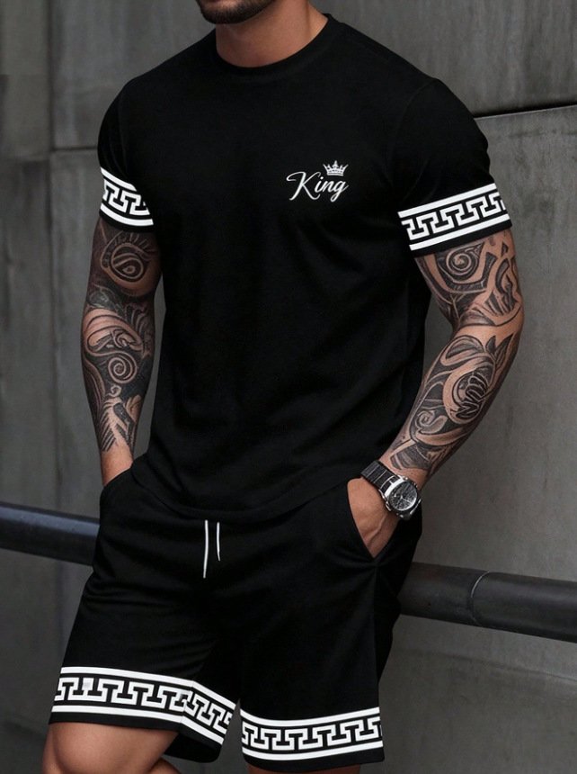 Simple Casual Two-piece Set Featuring A Solid-color Printed T-shirt And Shorts