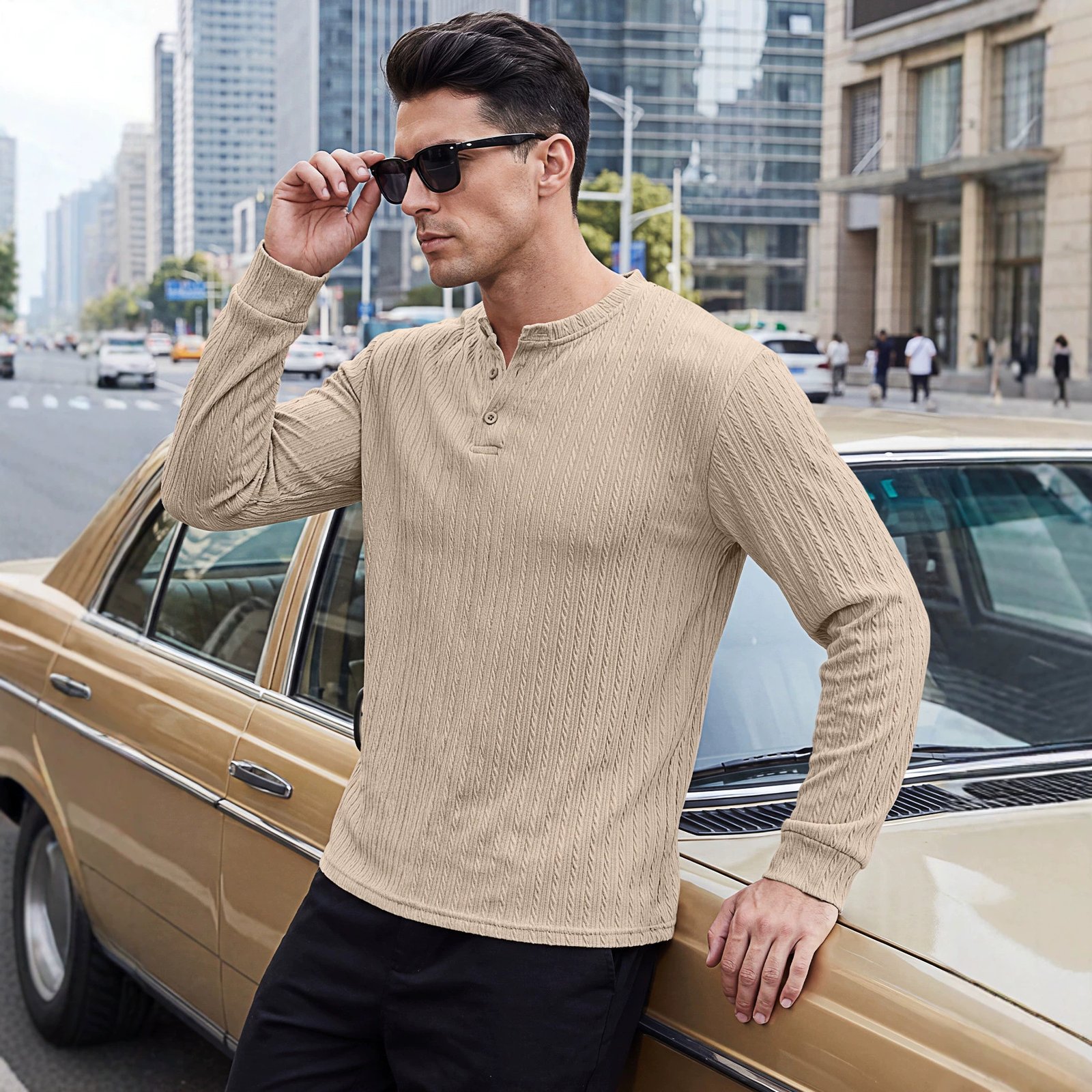 Amazon Cross-border European And American Heavyweight Men's Henry Shirt, Vintage Stretch Textured Casual Loose Plus-size Long-sleeve Sweatshirt