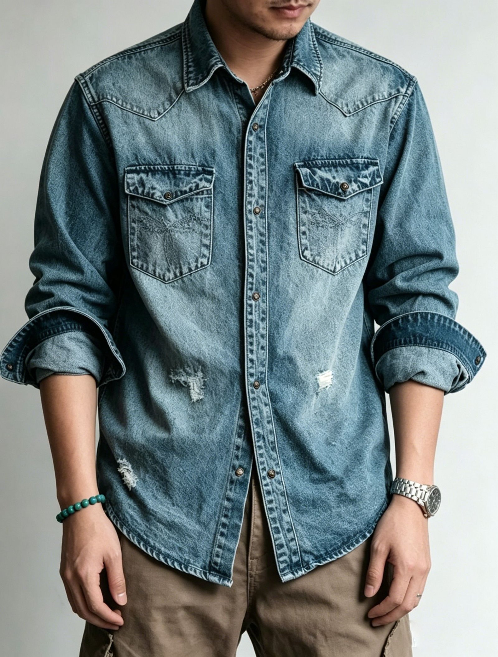 Vintage Western Denim Shirt Men Distressed Long Sleeve Washed Jean Shirt US Warehouse Stock