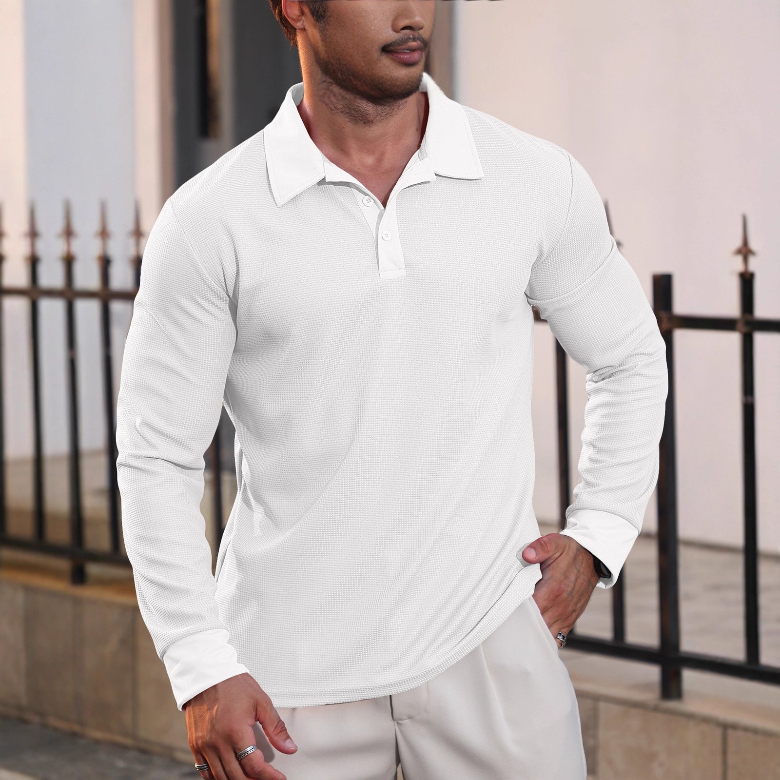 New Cross-Border European And American Autumn New Men's Waffle Collar Polo Shirt American Casual Vacation Long-Sleeved T-Shirt