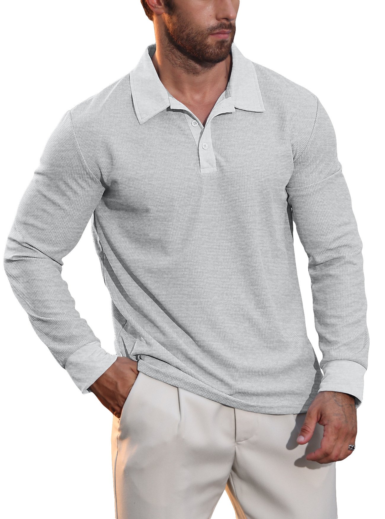 New Cross-Border European And American Autumn New Men's Waffle Collar Polo Shirt American Casual Vacation Long-Sleeved T-Shirt