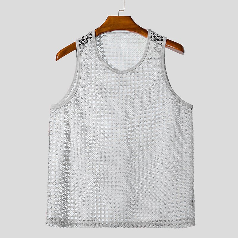 Cross-border Summer European And American Hollow-out Fitness Sleeveless T-shirt Muscle Men's Mesh Perspective Sexy Knitted Vest