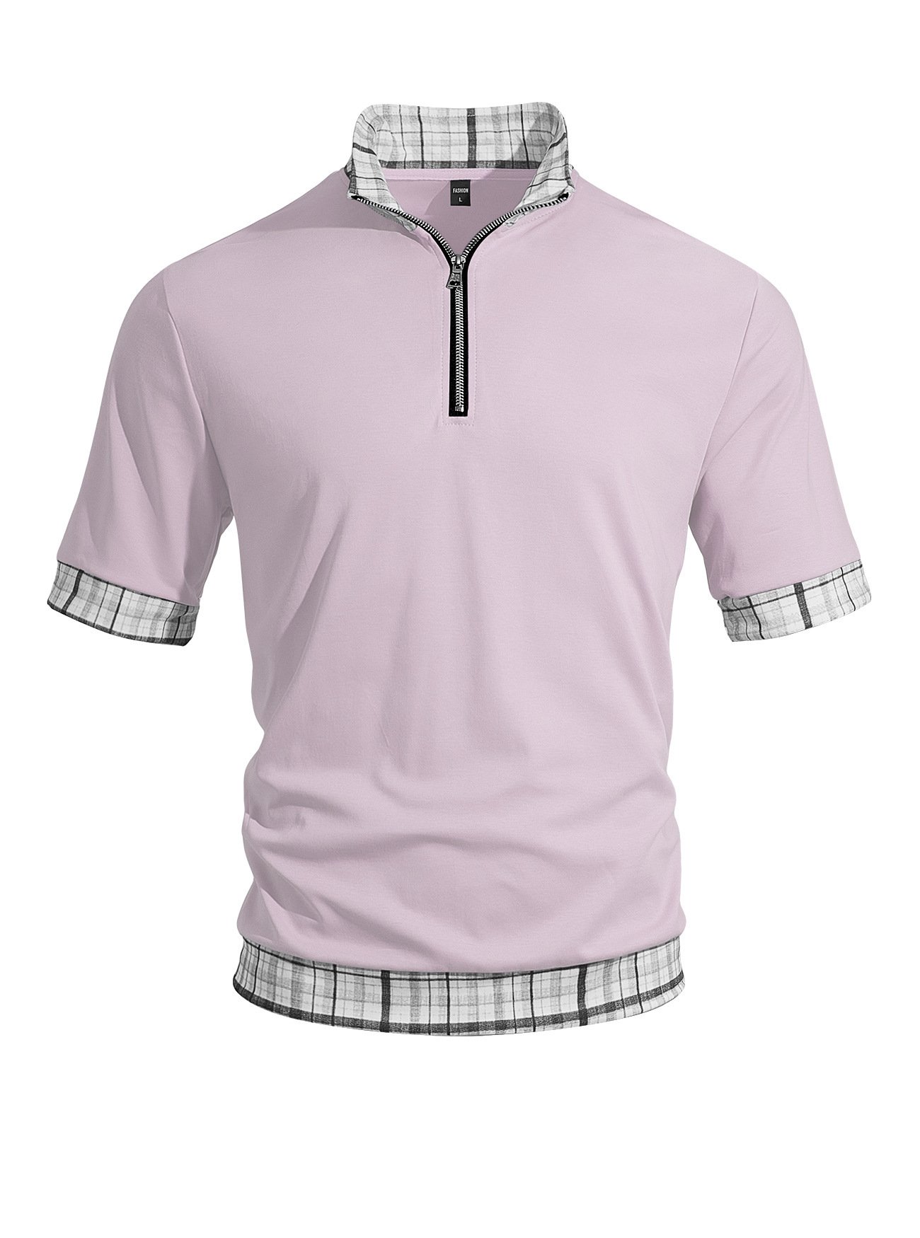 Cross Border EBay Men's Cotton Fake Two Piece T Shirts, Half Zip Lapel Short Sleeve Spliced Breathable Plus Size Casual Polo Shirts