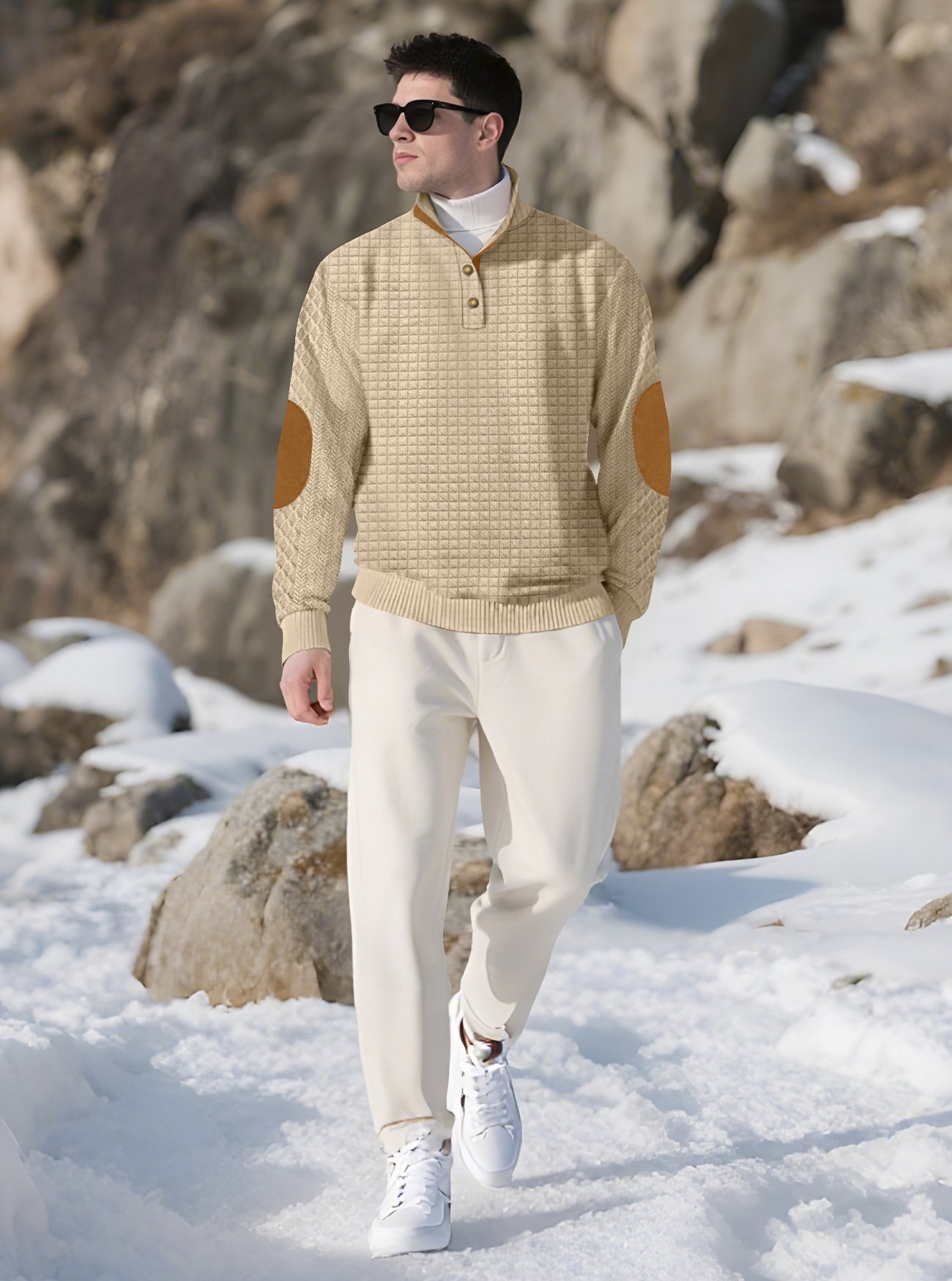 Men's Jacquard Knitted Casual Hoodie With A Stand-up Collar