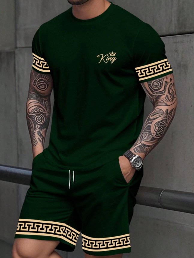 Simple Casual Two-piece Set Featuring A Solid-color Printed T-shirt And Shorts