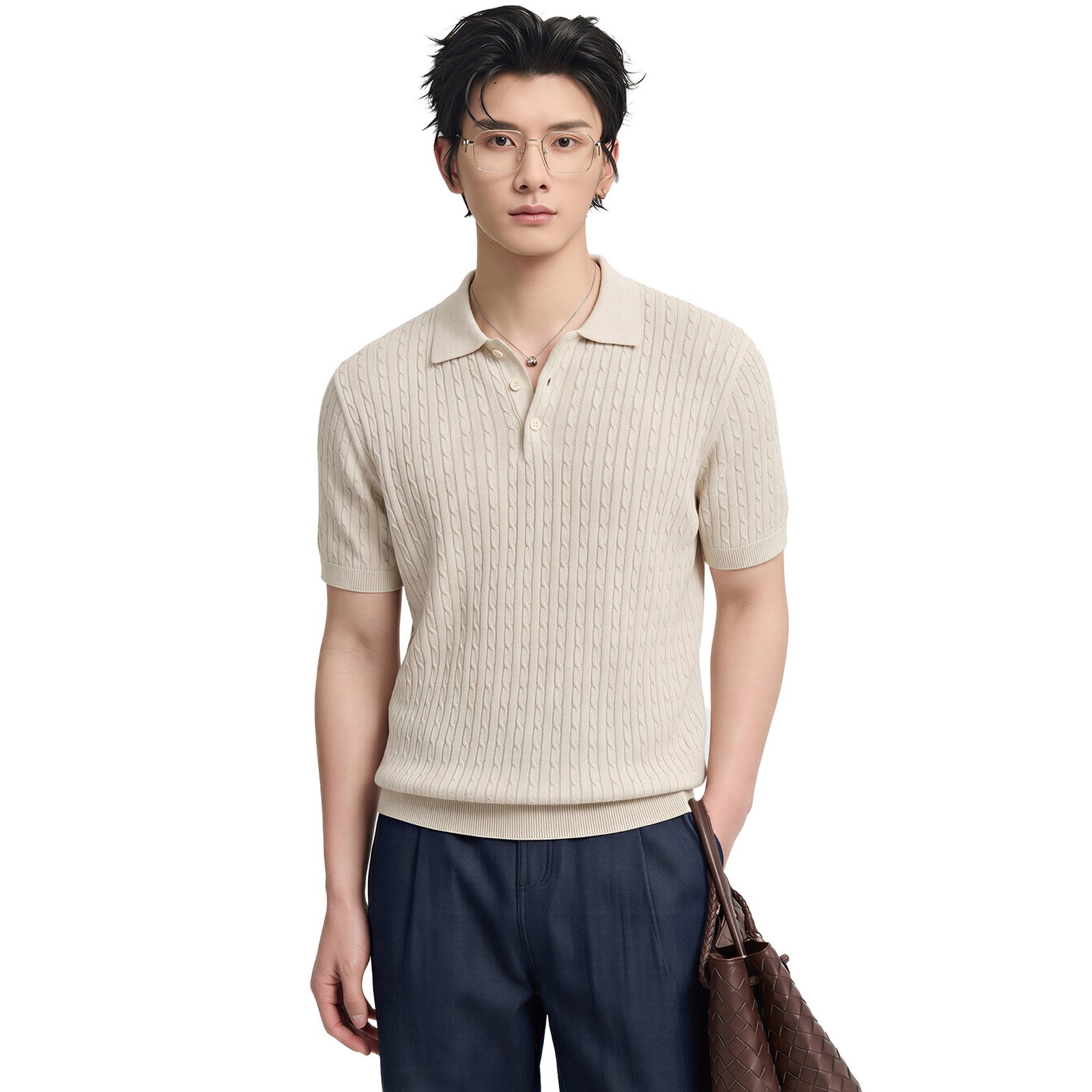 Knitted Cable-Pattern Mens Short-Sleeve T-Shirt