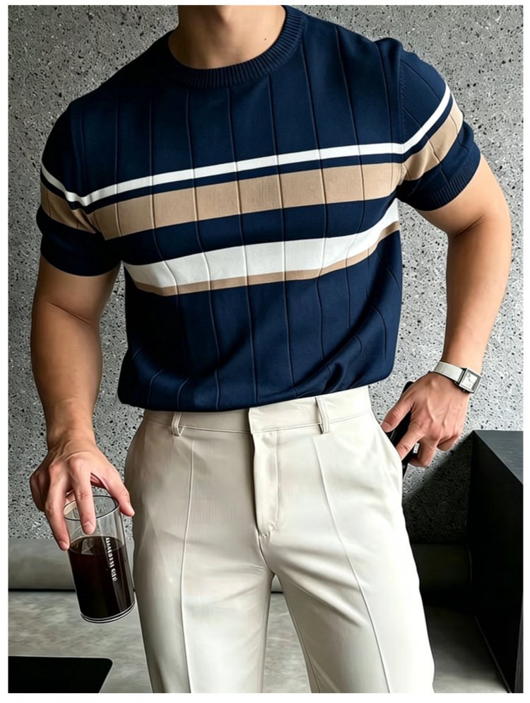 Color-Block Striped Mens Knitted Short-Sleeve Casual Top