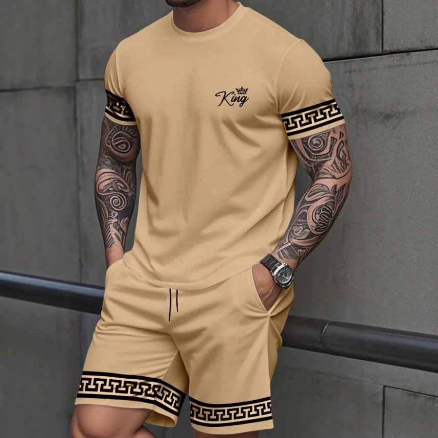 Simple Casual Two-piece Set Featuring A Solid-color Printed T-shirt And Shorts